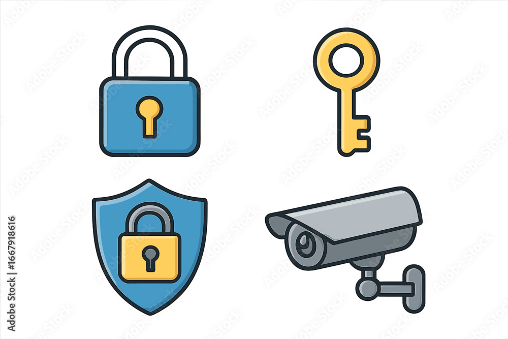 Poster cybersecurity icon set with lock, key, shield and surveillance camera. concept of data protection, p