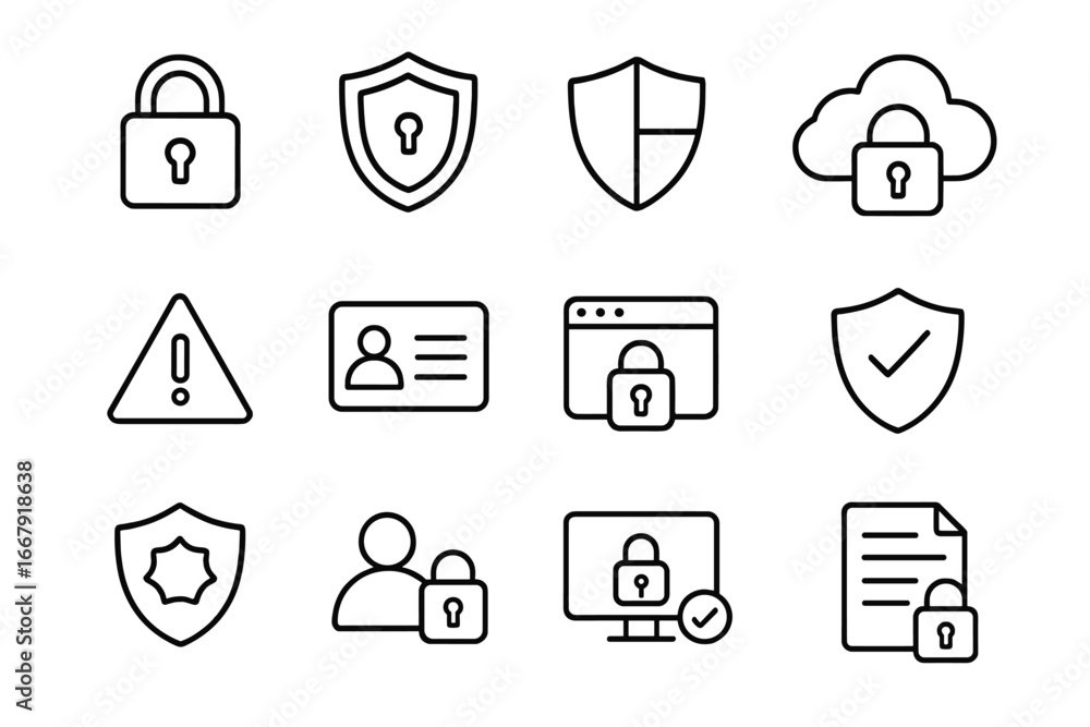 Poster security and data protection line icons collection. privacy shield, cloud safety, lock, user identit