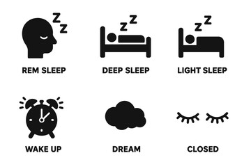 Sleep cycle stages icon set. REM, deep and light sleep, wake up, dream. Solid glyph symbol collection. Circadian rhythm, insomnia, dreaming, rest, bedtime vector signs.