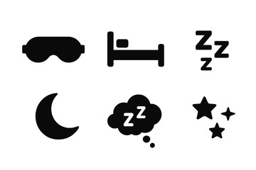 Sleep and night time solid glyph icon set. Simple flat vector illustration of a bed, sleeping mask, moon, stars, and zzz snoring symbol. For bedtime, dream, or relaxation concepts.
