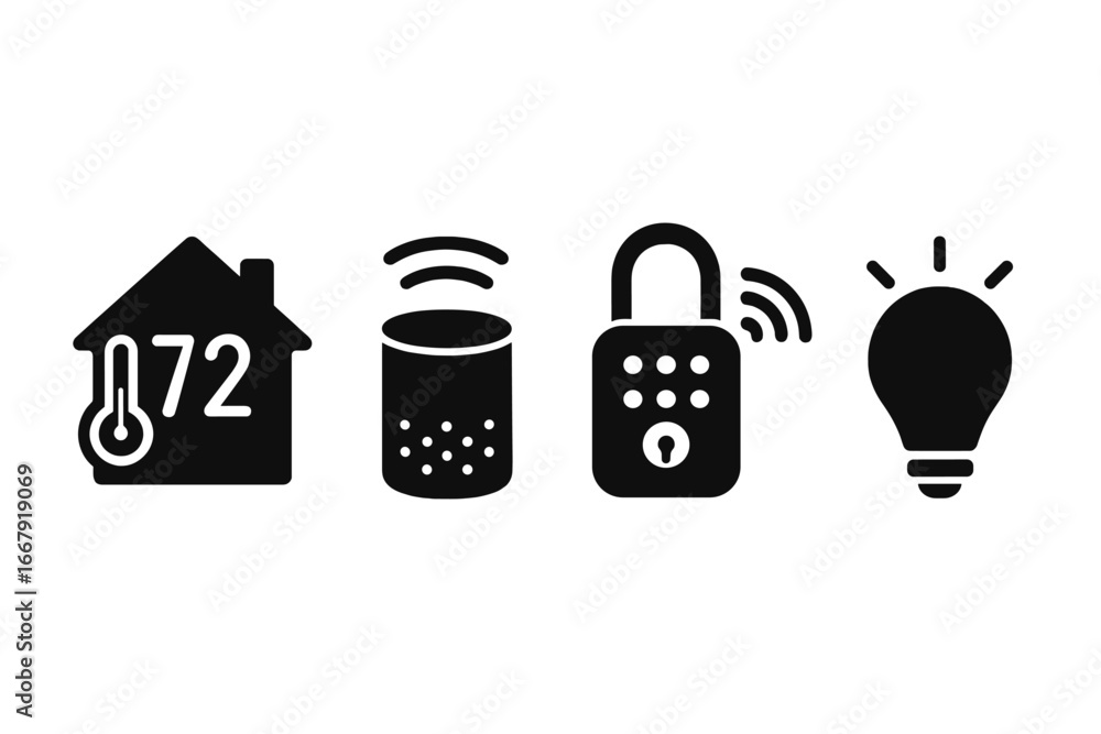 Poster smart home technology vector icon set. solid glyph icons for home automation system, internet of thi