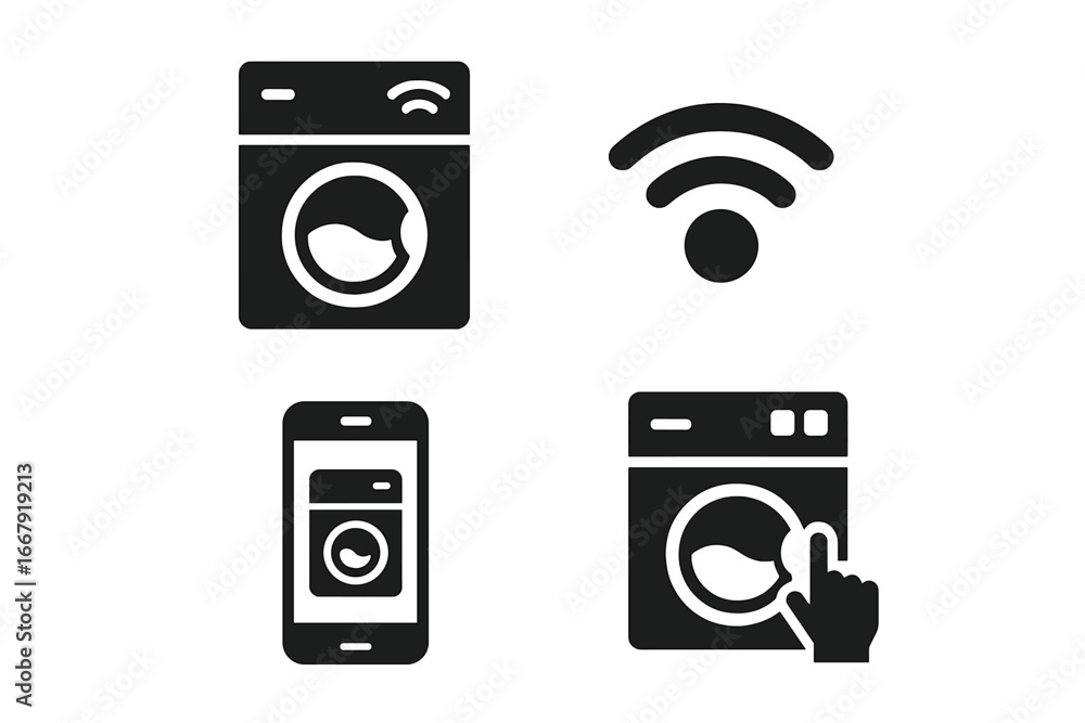 Poster smart laundry icon set. washing machine with wi-fi remote control via smartphone app. iot technology