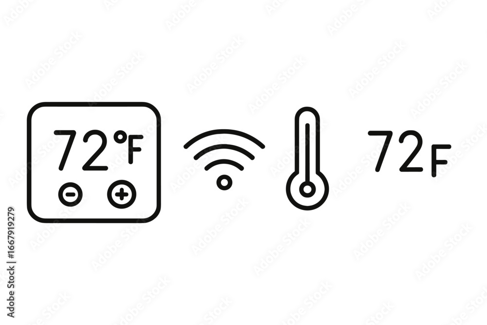 Poster smart thermostat outline icon set. home automation system with climate control. hvac remote temperat