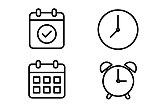 Time management outline icon set for productivity and organization. Schedule, clock, calendar, alarm, timer, event planning, appointment reminder, vector illustration. Office work tools collection.