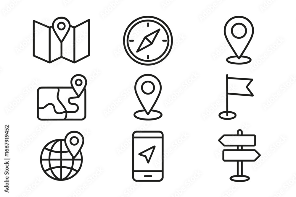 Aufkleber navigation and gps line icon set. map, compass, location symbols. vector outline icons for direction