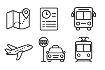 Transportation Travel Vector Icon Set. Map Navigation, Schedule, Bus, Taxi, Plane, Tram, Public Transit, Journey Planning, Route Location, Transport Symbols. Line Outline Collection