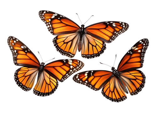 Three monarch butterflies flying isolated on transparent background