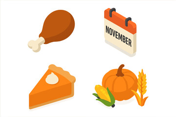 Thanksgiving isometric icon set. November holiday food symbols. Turkey leg, pumpkin pie slice, calendar page, harvest corn and wheat. Autumn seasonal flat 3d vector icons.