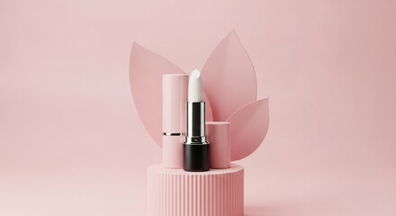 Elegant lipstick design on a pink pedestal for beauty product promotion