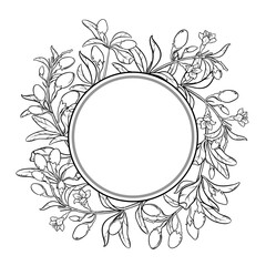 Goji Branch with Flowers, Berries and Leaves Outline Round Frame. Organic natural nutritional healthy food ingredient, vegetarian diet product. Vector isolated for design or decoration.