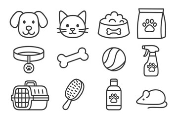 Pet care icon set. Line art collection of essential items for dogs and cats. Vector illustration of grooming tools, food, toys, and accessories for pets in a simple style.