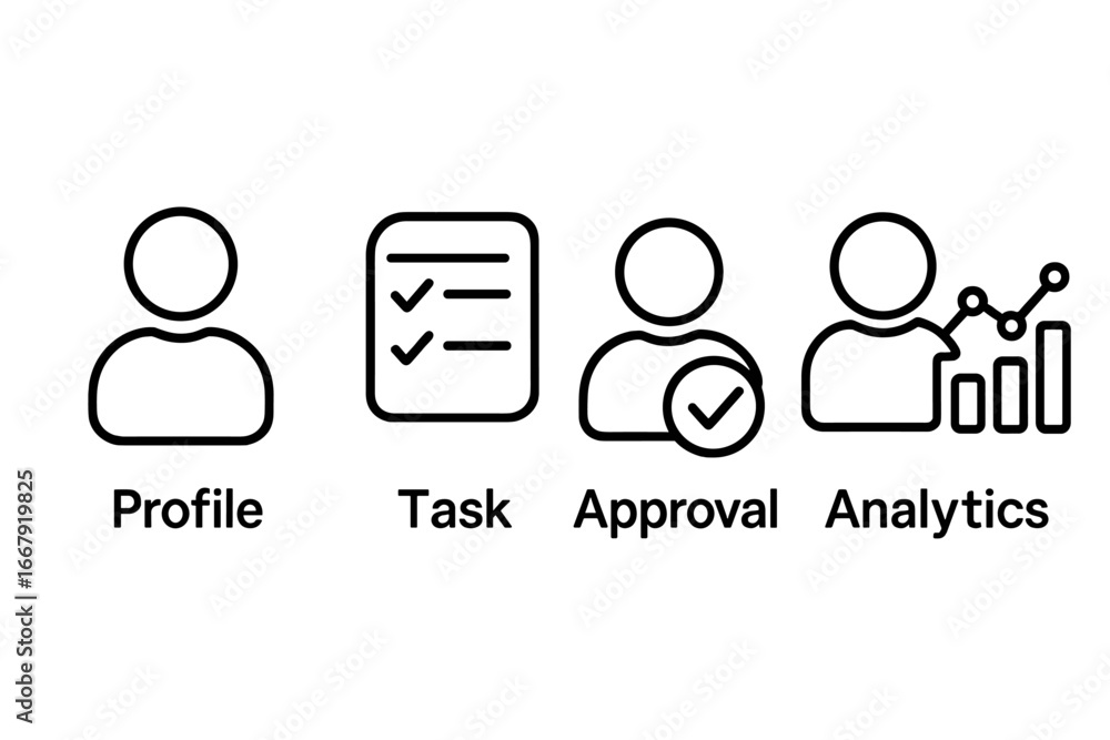 Poster user management outline icon set. profile, task, approval, analytics vector icons. business workflow