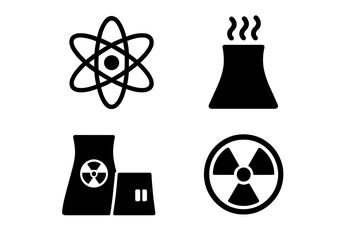 Nuclear energy vector icon set. Solid glyph pictograms of atom, power plant, cooling tower, and radiation hazard symbol. Atomic power, reactor, and radioactive concepts.