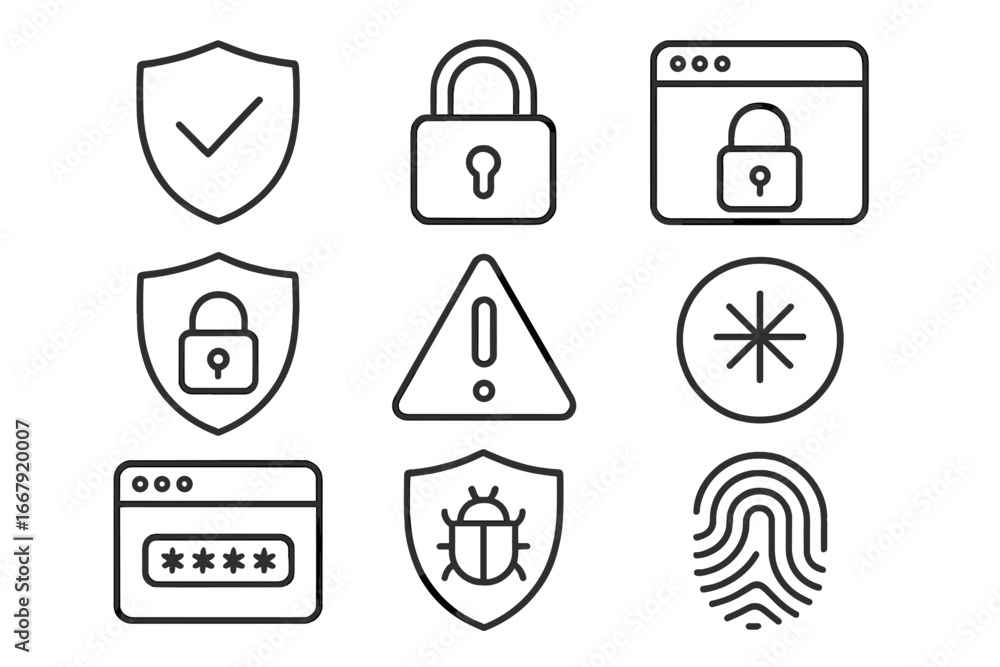 Aufkleber security and data protection line icon set. cybersecurity and privacy outline icons. vector symbols 