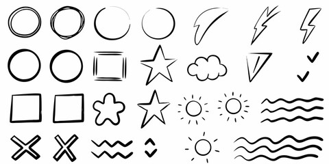 Hand Drawn Doodle Elements Set Circles Stars Lightning Cloud Sun Waves Squares