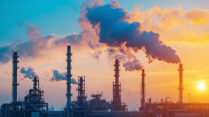 Obraz premium Pipes of an oil refinery at sunset. Industrial landscape, industry, ecology, energy, economics, business