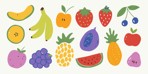 Colorful hand drawn fruit illustration featuring a variety of different fruits