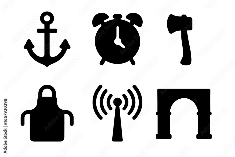 Poster solid glyph icon set of objects starting with letter a for alphabet learning. anchor, alarm clock, a
