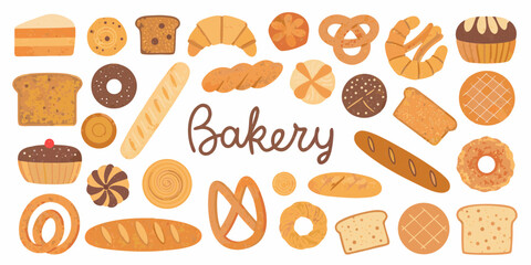 Bakery assortment of breads pastries cakes and sweets on a white background