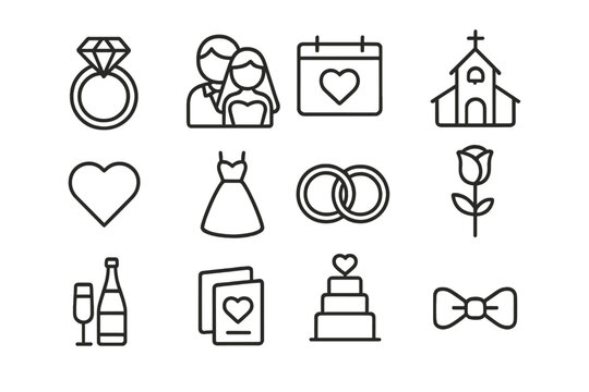 Wedding and Marriage Outline Icon Set. Elegant Ceremony Symbols Including Rings, Church, Bride, Groom, Calendar, Flowers, Champagne, Invitations, Cake, Dress, Transparent Background Vector