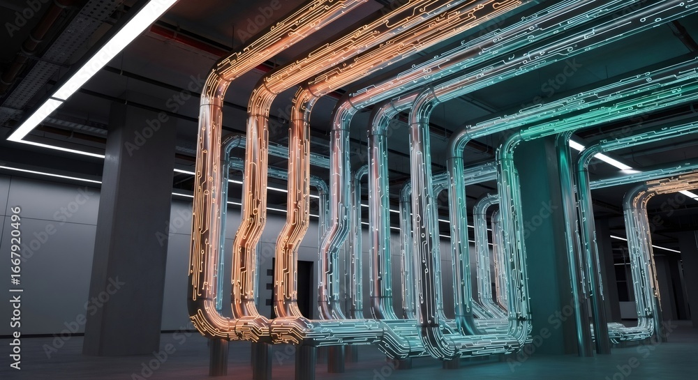 Poster digital data flowing through abstract pipes creating a heating system concept. futuristic network in