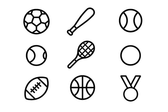 Sports and recreation outline icon set. Soccer, baseball, tennis, football, basketball. Thin line vector pictograms. Minimalist sport equipment symbols for competition. - Powered by Adobe