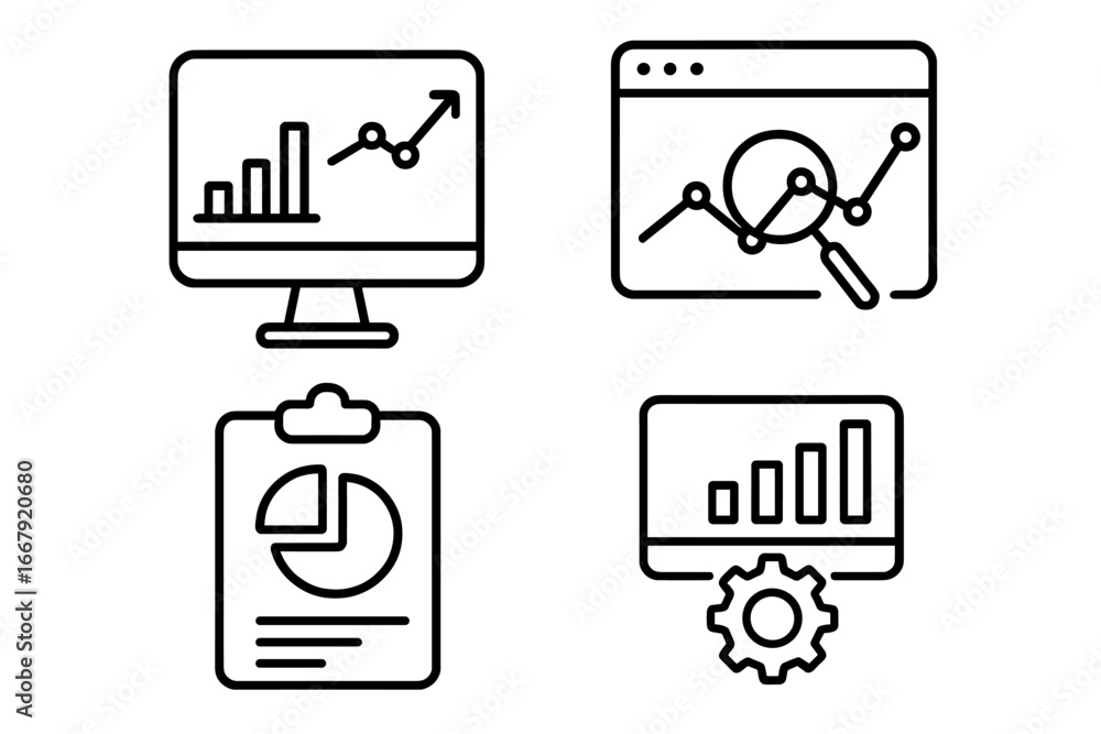 Poster business analytics and data monitoring icon set. vector outline icons for technology dashboard, perf