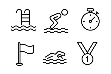 Fototapeta premium Swimming competition icon set. Water sports linear symbols. Pool, diver, stopwatch, award, medal, winner, and race outline vector icons. Minimal pictogram collection.
