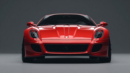 Front view of a vibrant red, low-slung sports car, sharply angled, against a muted grey backdrop, showcasing its sleek design and powerful headlights