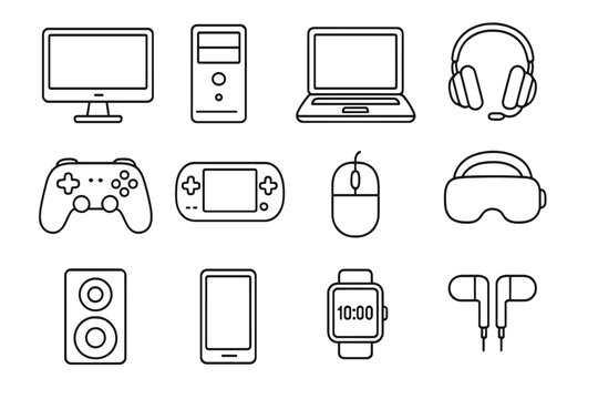 Technology and gaming outline icon set. Computer, mobile and console gadgets. Linear collection of PC, laptop, smartphone, VR headset, controller and audio devices. Vector.