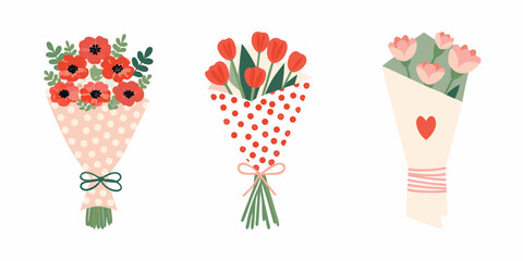 Three floral bouquets with poppies tulips and pink flowers for gift giving