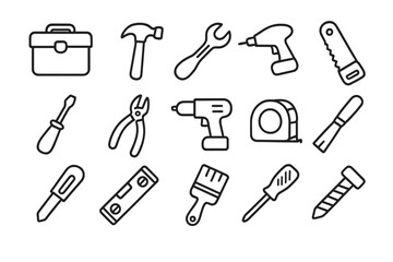 Obraz premium Handy tools and workshop equipment line icon set. Vector symbols for DIY, construction, and repair. Toolbox, hammer, saw, drill, wrench, screwdriver, level, and pliers.