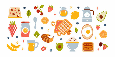 Breakfast Food Illustration with Waffles Fruit Eggs and Drinks on White