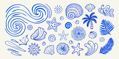 Hand Drawn Summer Beach Elements in Blue Color on White Background