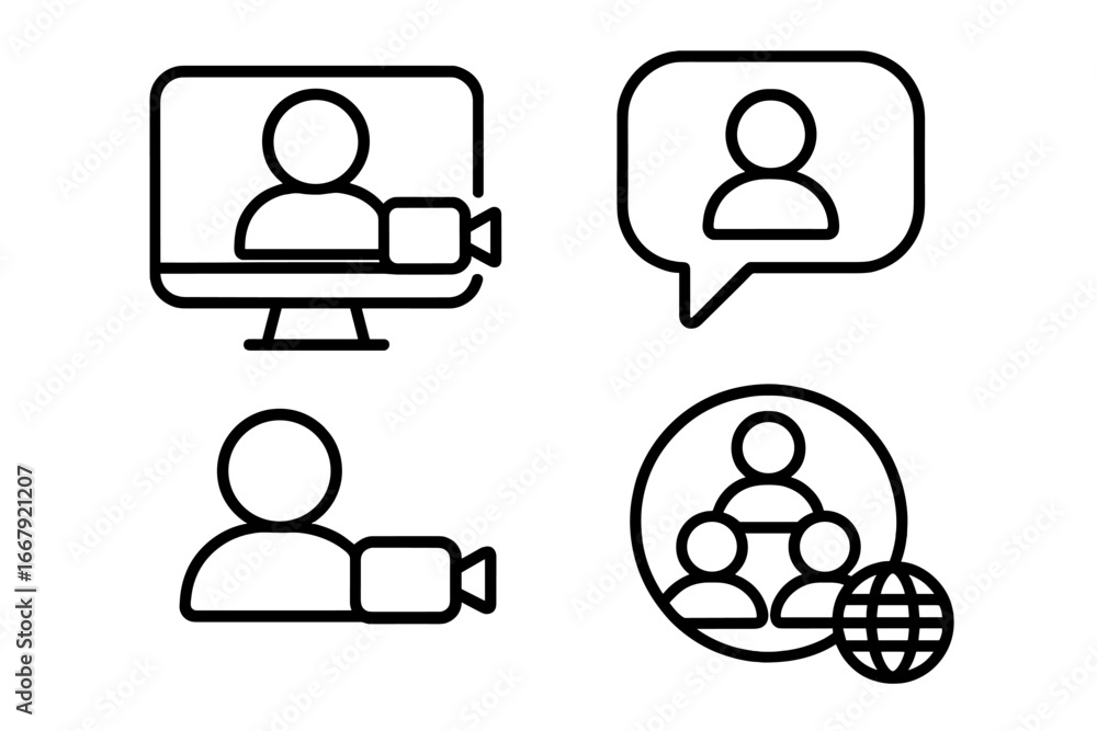 Poster video conference line icon set. business communication and networking symbols. vector icons for onli