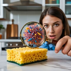 A magnified view of a kitchen sponge and cutting board reveals colorful germs and microbes. Importance of maintaining proper hygiene to prevent contamination and ensure food safety. Generative AI