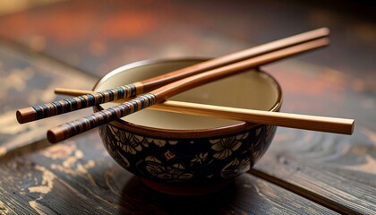 Decorative blue-and-white ceramic bowl with wooden chopsticks resting across the top, placed on a warm wooden surface in soft natural light