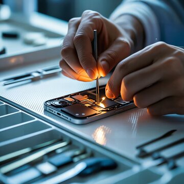 Precision Phone Repair &ndash; A technician carefully works on a smartphone's internal components, surrounded by professional repair tools. Generative AI