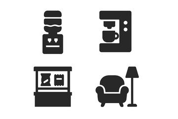 Office amenities solid icon set. Vector glyphs for workplace perks and employee benefits. Water cooler, coffee machine, snack bar, and lounge area for a modern break room.