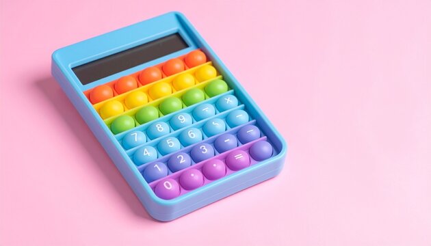 Colorful abacus with five horizontal rods and ten beads per row, placed on a pink surface