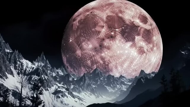 Enormous glowing moon illuminating a dramatic mountain landscape at night, creating a mystical scene