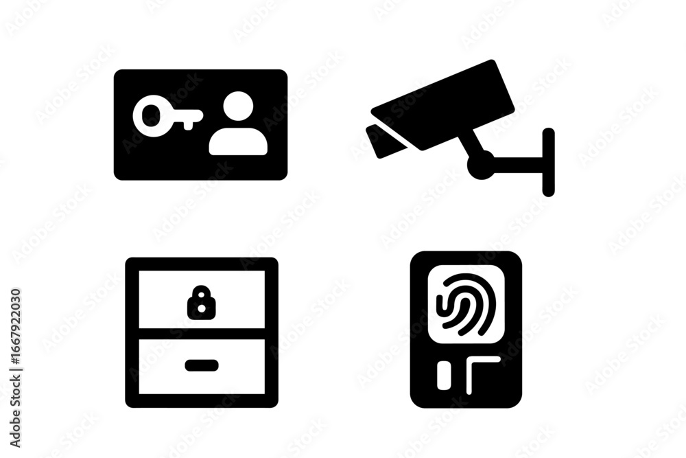 Poster office security solid icon set. vector symbols for business safety and data protection. access contr