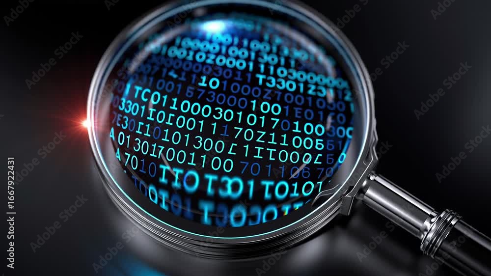Poster a magnifying glass focusing on binary code, symbolizing data analysis or digital investigation.