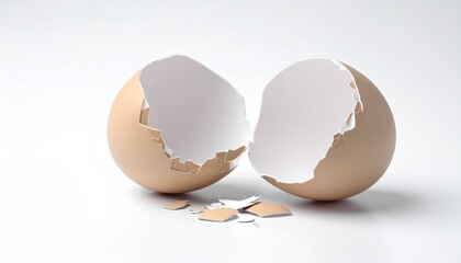 Broken light brown eggshell split into two jagged halves with scattered fragments on a white surface