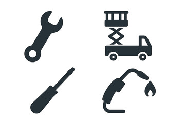 Offshore wind turbine maintenance icon set. Industrial service tools. Solid glyph vector collection of wrench, screwdriver, scissor lift truck, and welding torch for repair.