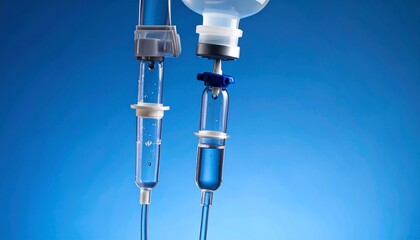 Close-up view of intravenous (IV) fluid administration equipment, including IV bags, drip chambers, and tubing attached to a metal pole