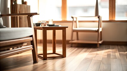 serene wooden living room with chairs and table by sunlit window
