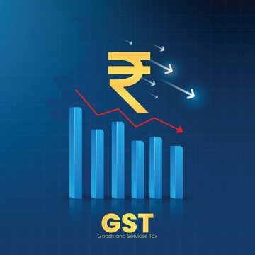 GST Decrease Representation with Decreasing Bar Graph, Arrow Going Down and Indian Currency Symbol