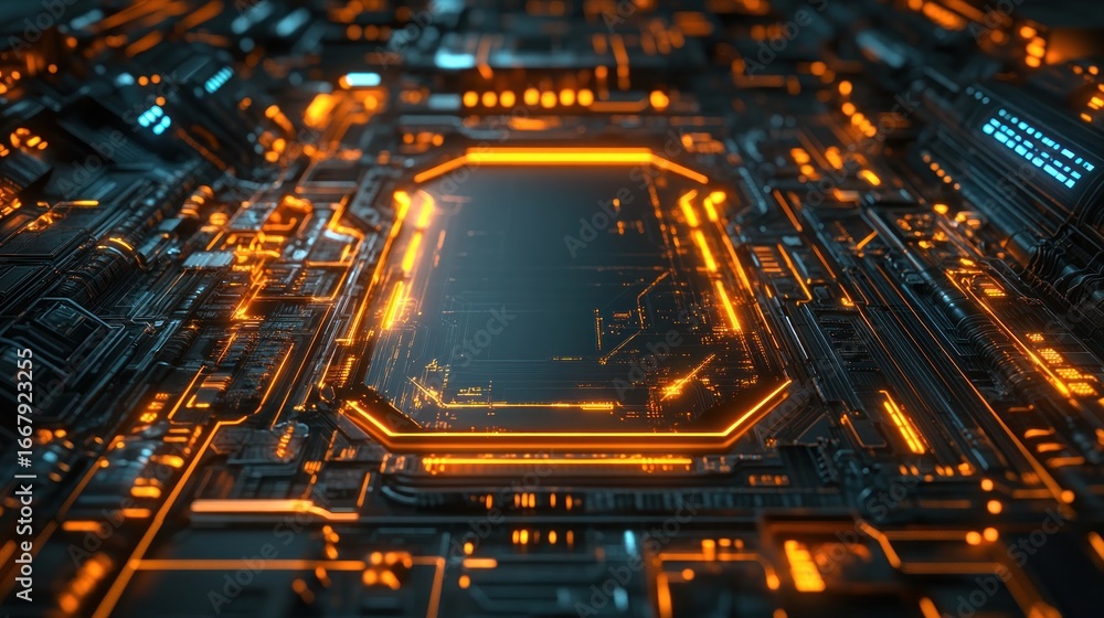 Aufkleber futuristic microchip processor with intricate glowing orange circuits