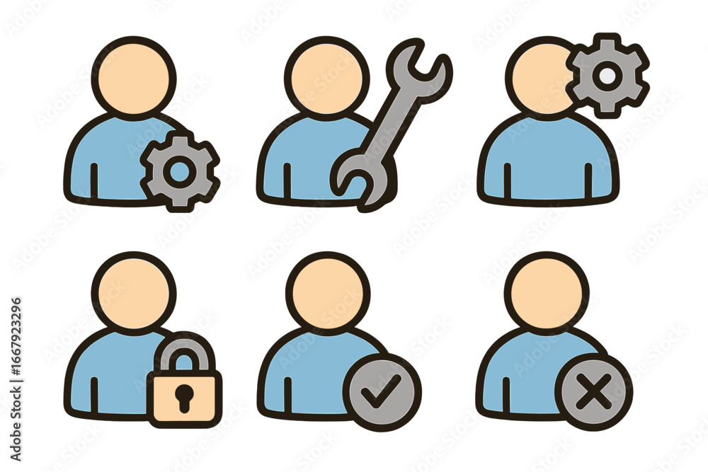 Poster account settings icon set. user profile management, configuration, and security symbols. vector coll
